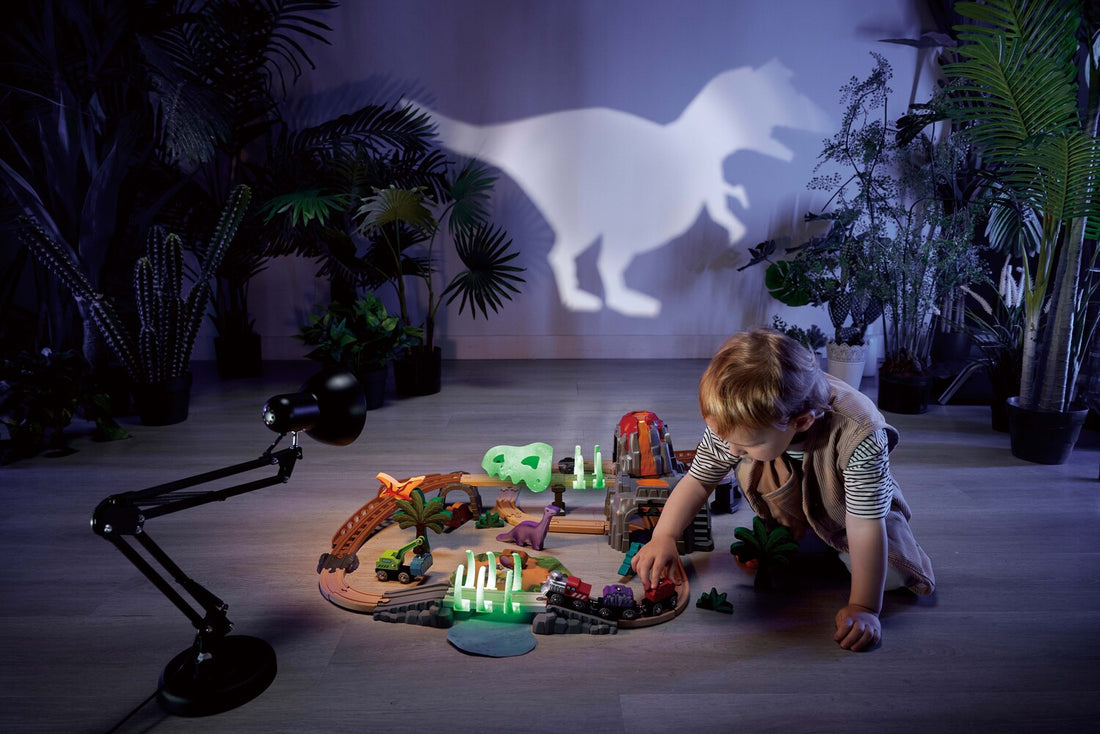 Dino wooden railway adventure set glow in the dark (61 pcs )