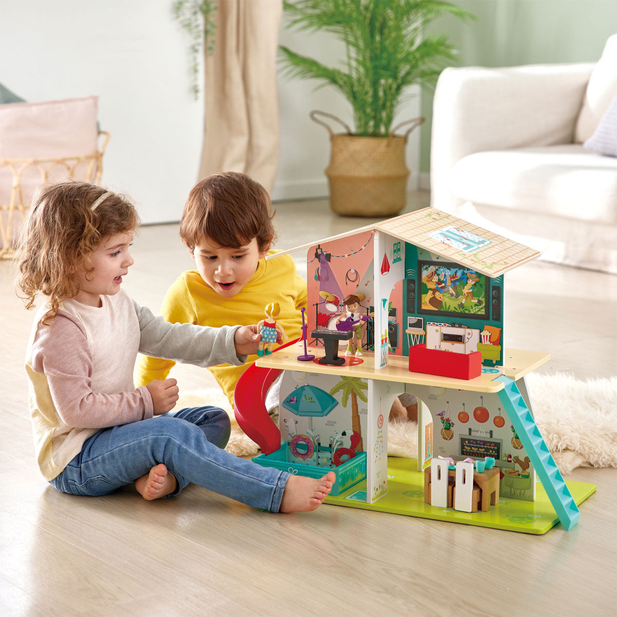 Rock & slide wooden playhouse with sound effects